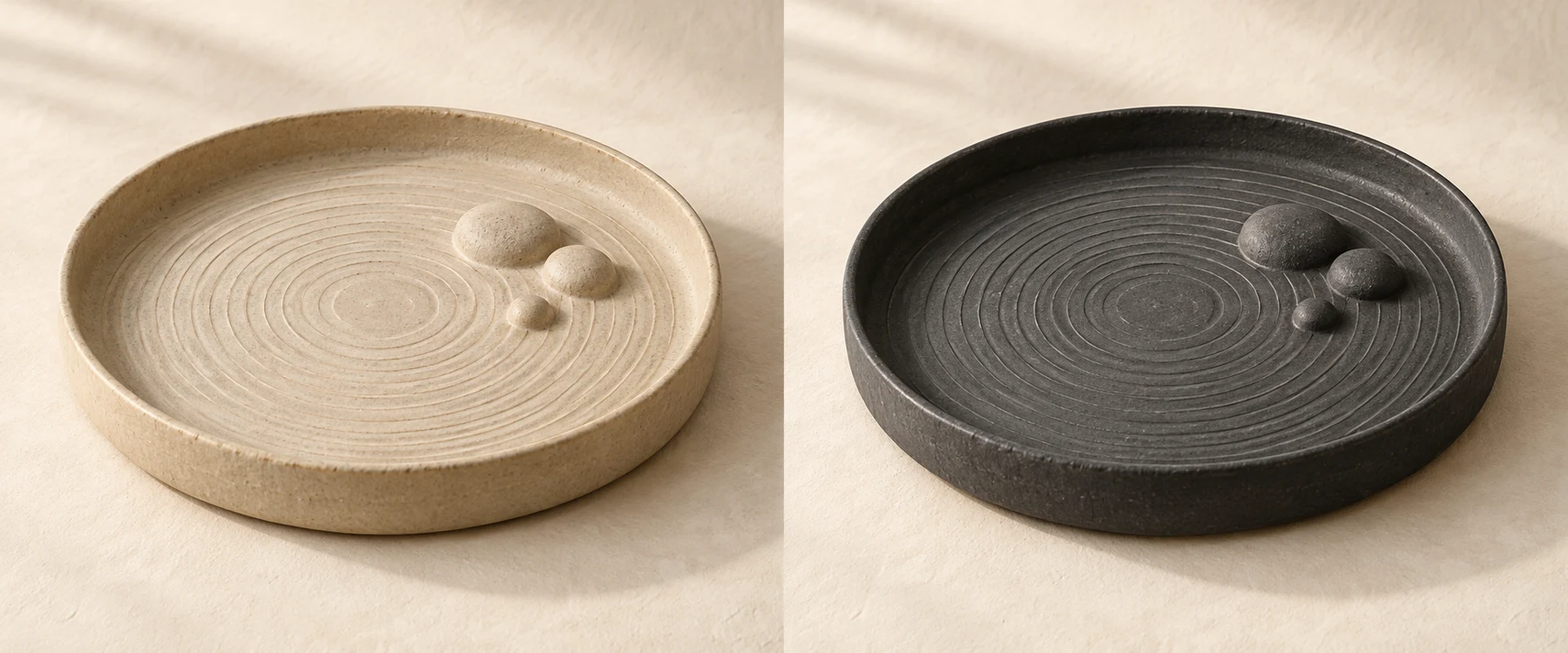 Island Circle Tea Tray in Sand; three fixed pebble reliefs and concentric rings