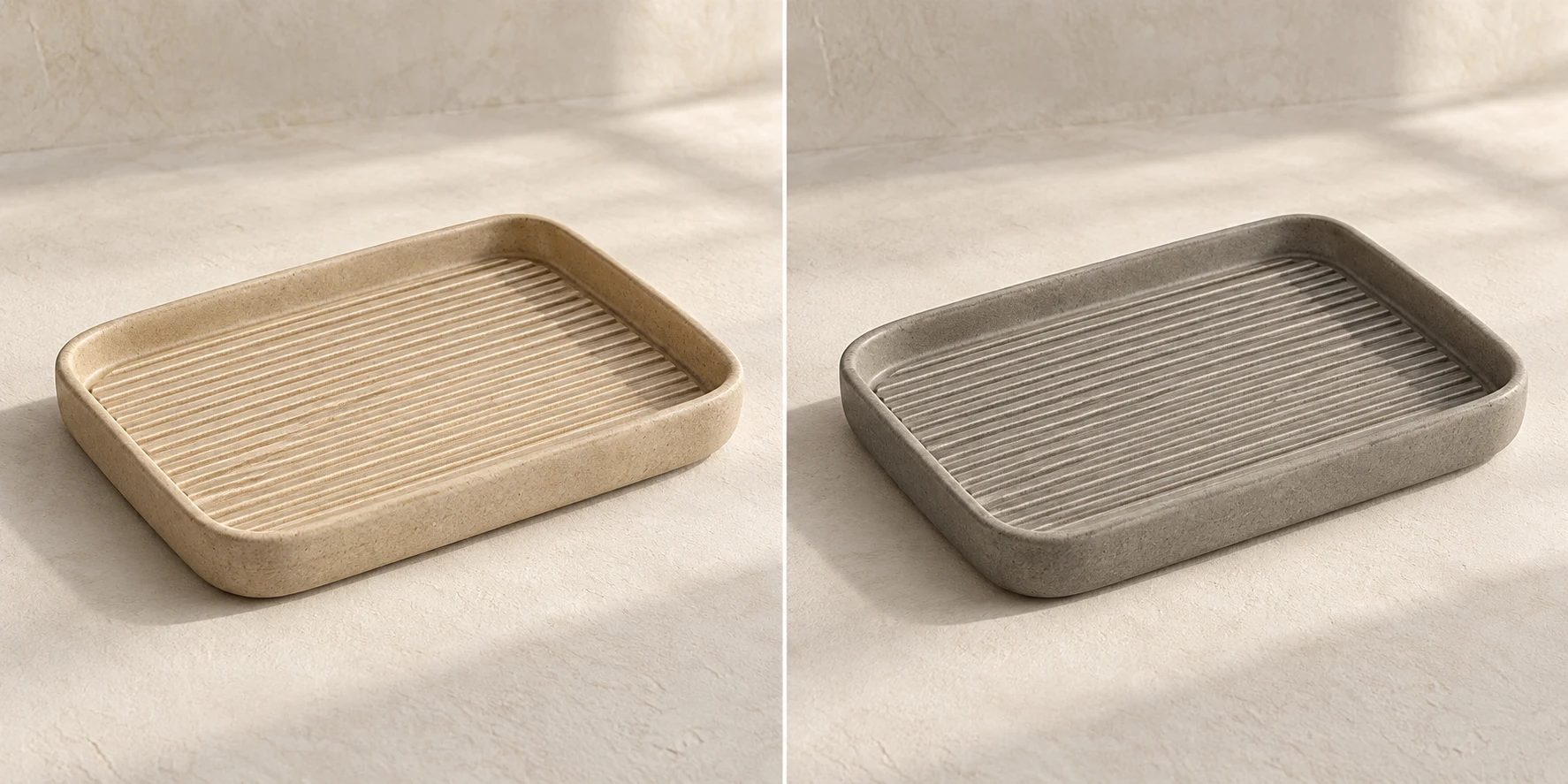 Raked Earth Tea Tray in Sand; straight parallel grooves and rounded corners