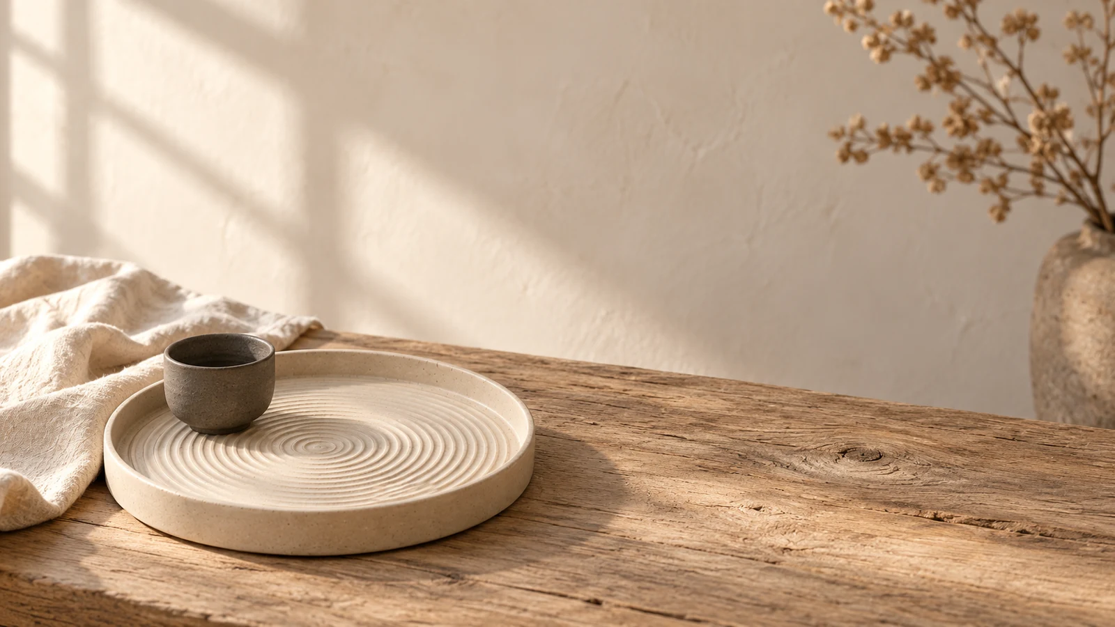Natural light falls over stoneware and a quiet tea setting