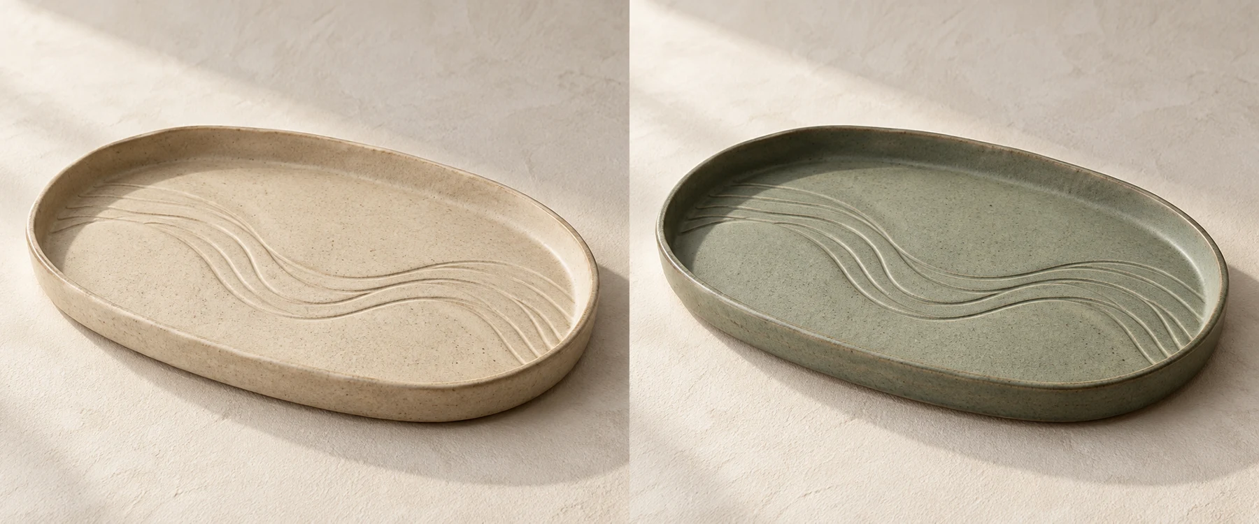 Riverbend Tea Tray in Sand; flowing river-like shallow relief lines
