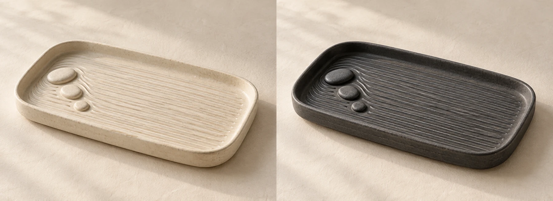 Stone Path Tea Tray in Chalk; three fixed pebble reliefs along one short side and parallel grooves
